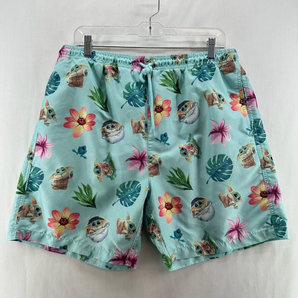 Star Wars Swim Shorts Mens L Mandalorian Baby Yoda Print Mesh Lined Mint Green